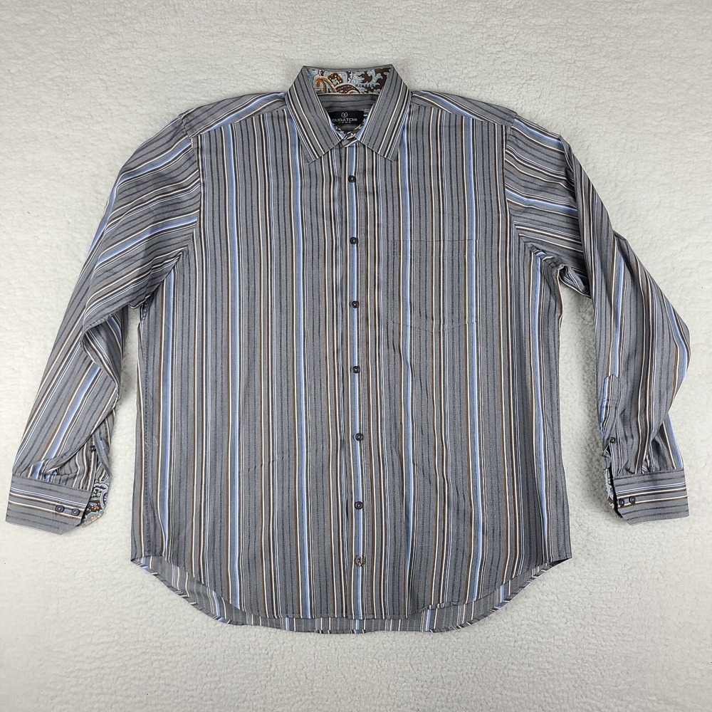 Bugatchi Uomo Dress Shirt Mens‎ XL Brown Gray Striped Button Up